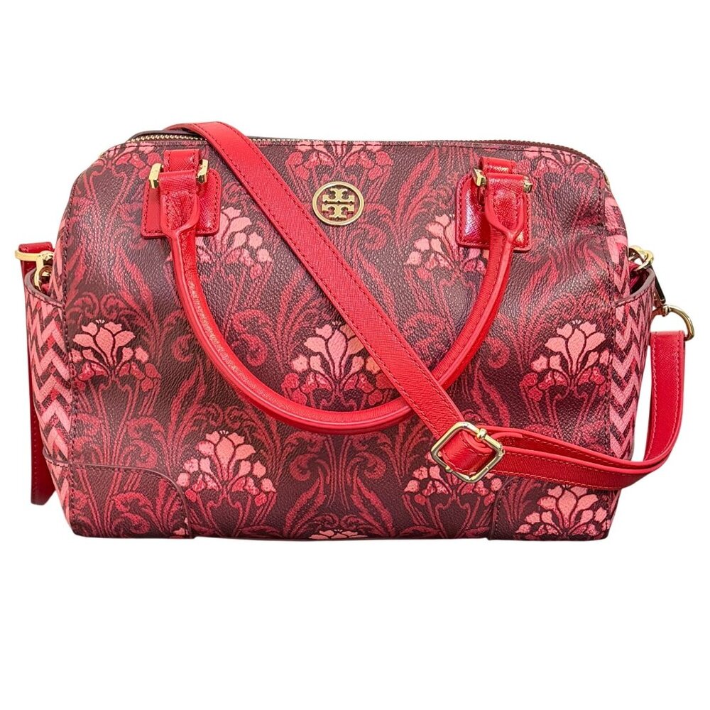 Tory Burch Red Floral Printed Satchel Tote Bag Adjustable Crossbody Vintage - Picture 9 of 11